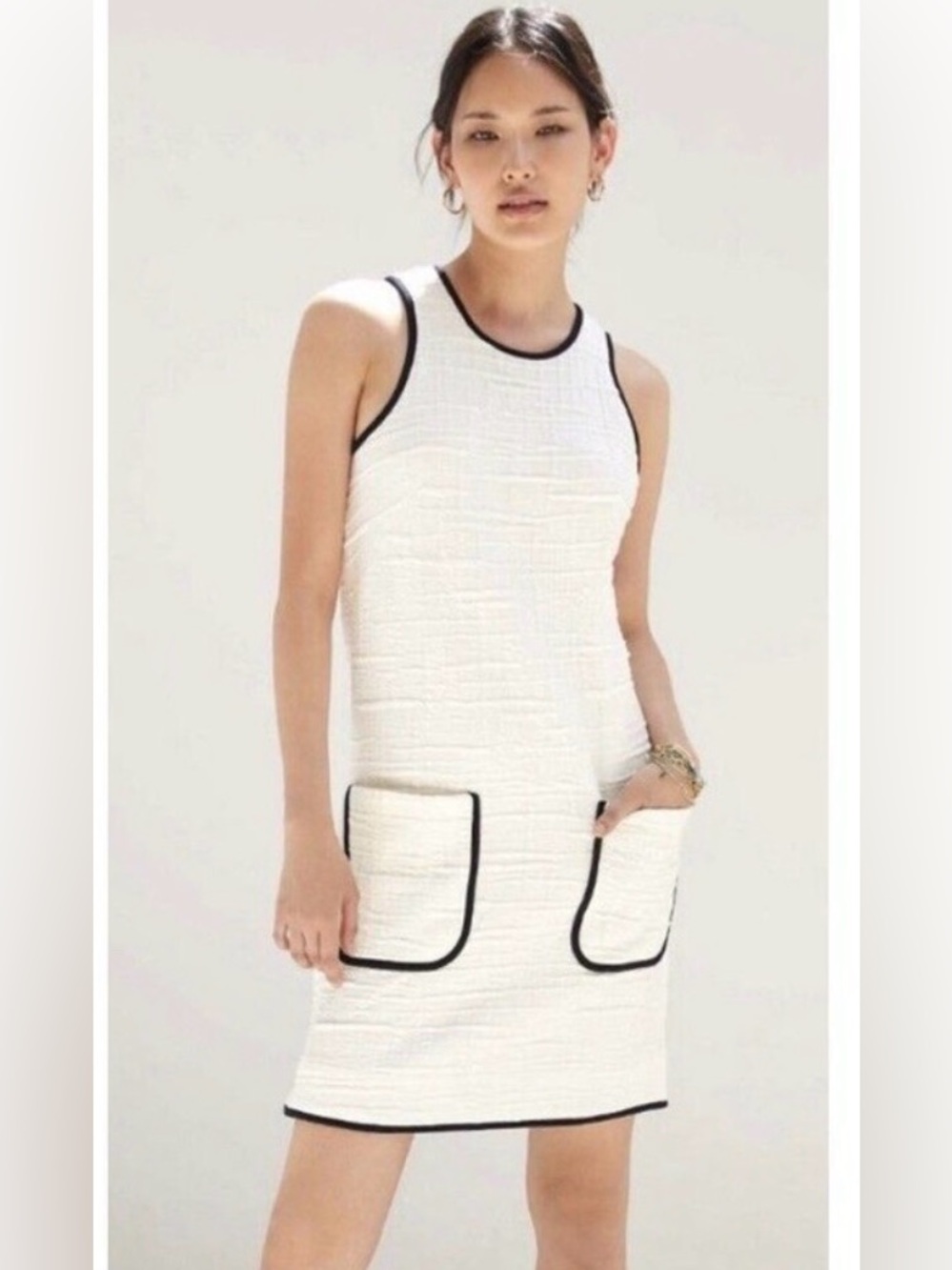 Maeve White Textured Shift Dress with Black Trim